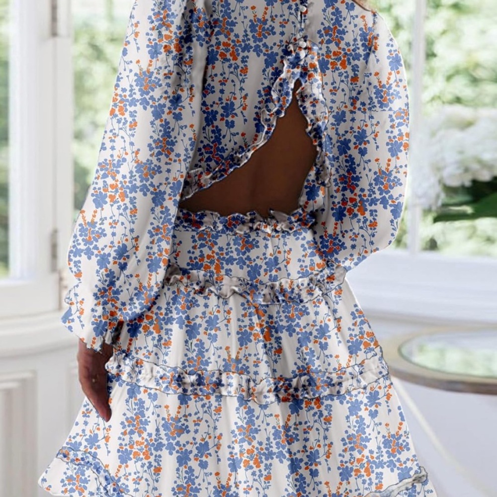 Elegant Floral Backless Dress - Blue and Orange
